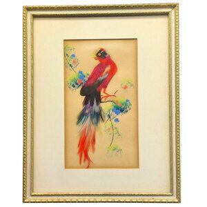 Vintage Feather Art Bird Painting in Ornate Gold Frame 7 5/8 x 9 5/8 Handcrafted